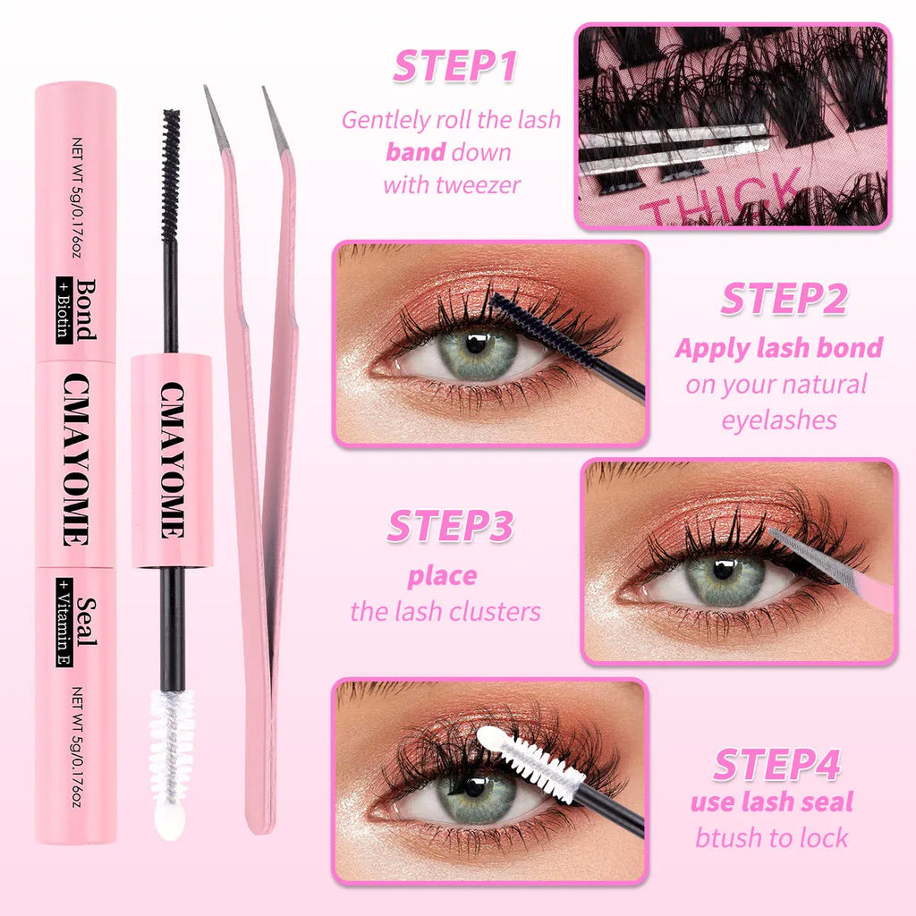 DIY false eyelash extension cluster set with application tweezers for home beauty