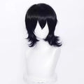 Short black anime cosplay wig for men with a lengthened hair tail, made from high-temperature fibre.
