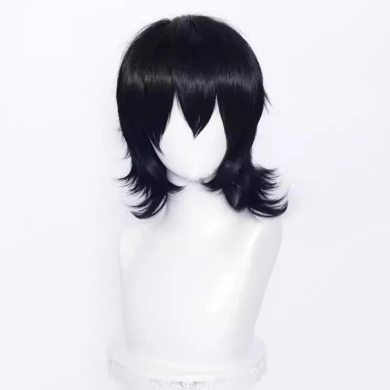 Short black anime cosplay wig for men with a lengthened hair tail, made from high-temperature fibre.