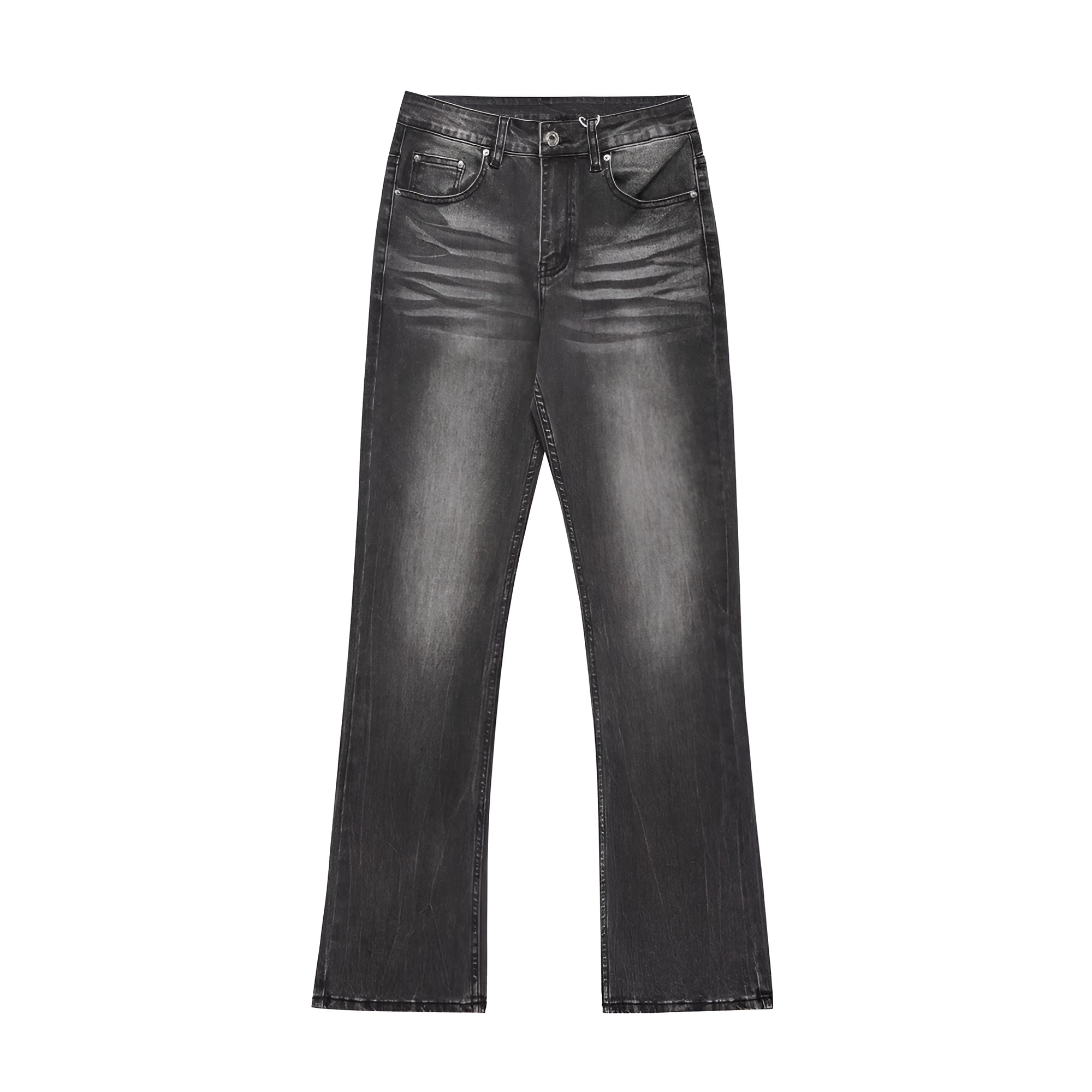 Men's black washed denim jeans on a flat surface showing full leg and pocket details