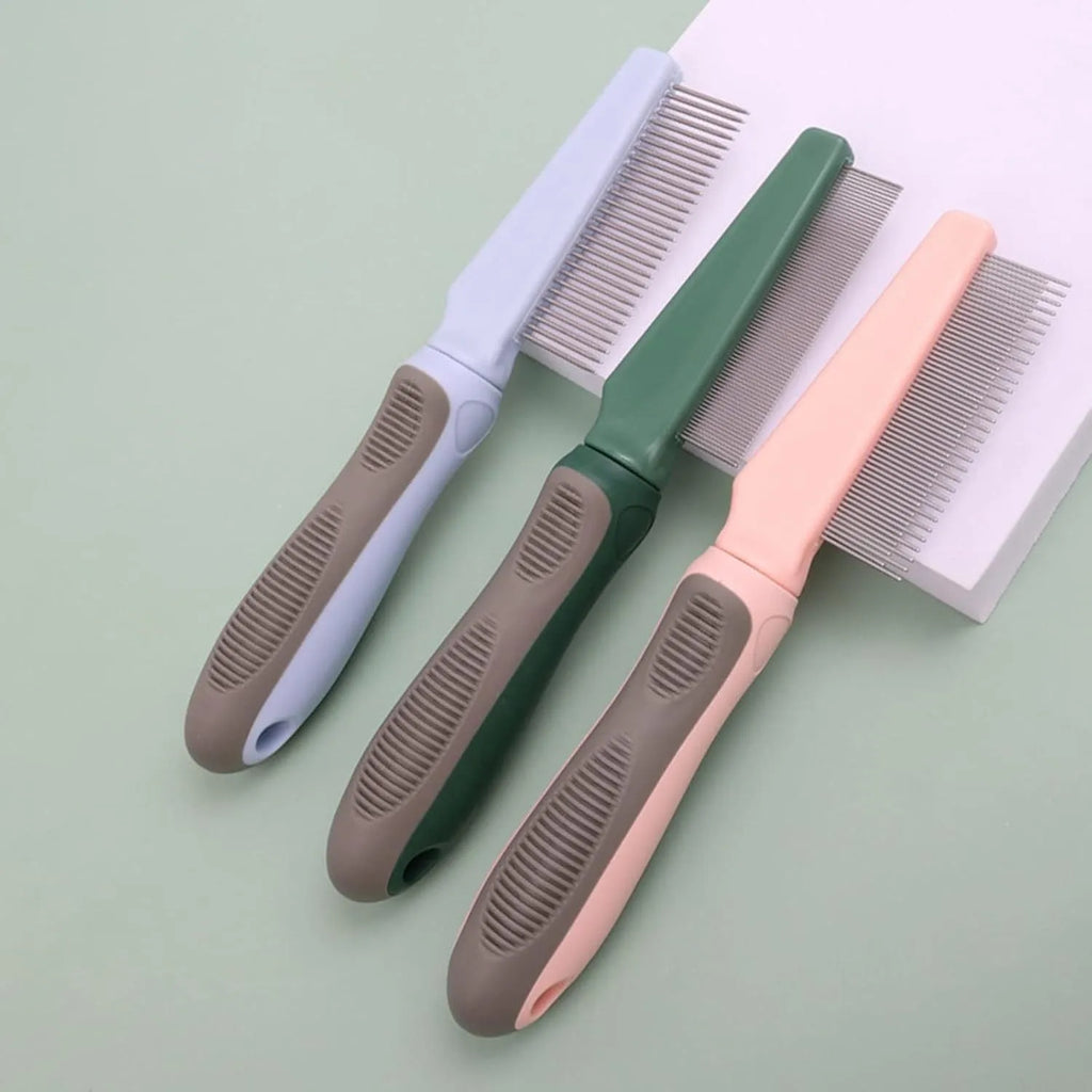 Pet grooming comb set showing three comb types with dense, high/low, and sparse needles on rubber handles