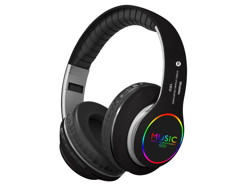 Folding LED wireless over-ear Bluetooth sports headphones in black with 400mAh battery and FM radio