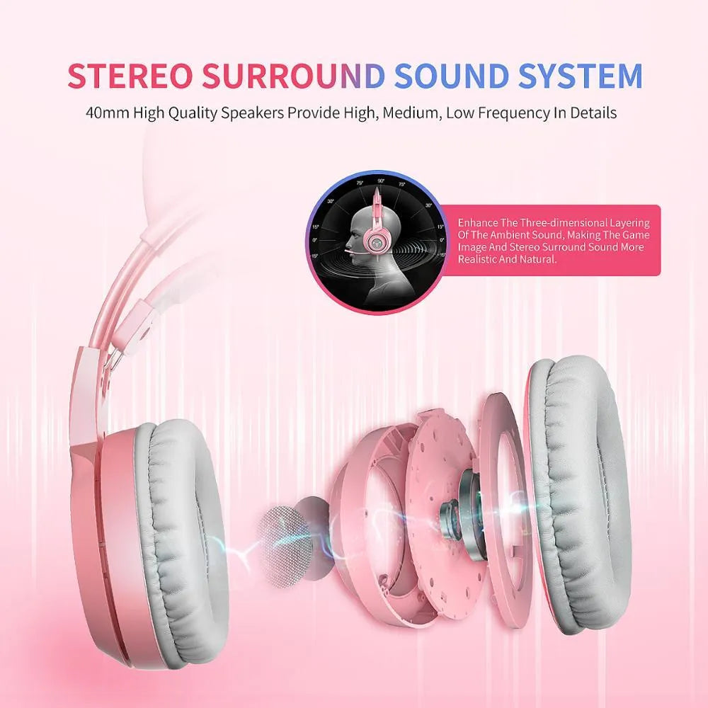 G951s pink cat ear gaming headset with adjustable headband and built-in microphone on white background