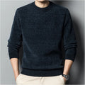 Fleece-lined pure colour men's sweater in dark blue, Korean-style slim fit pullover