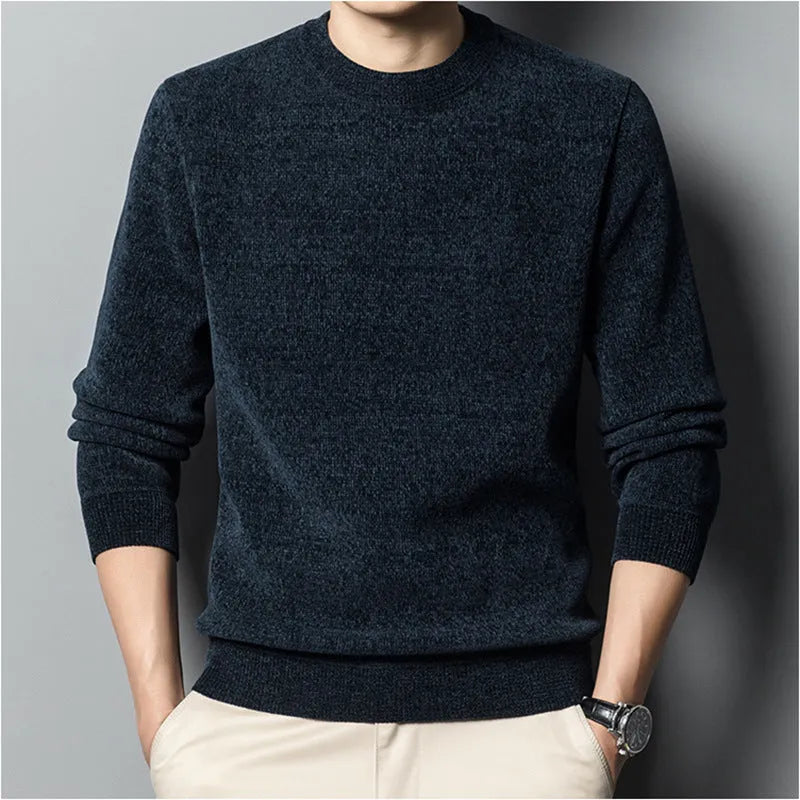 Fleece-lined pure colour men's sweater in dark blue, Korean-style slim fit pullover