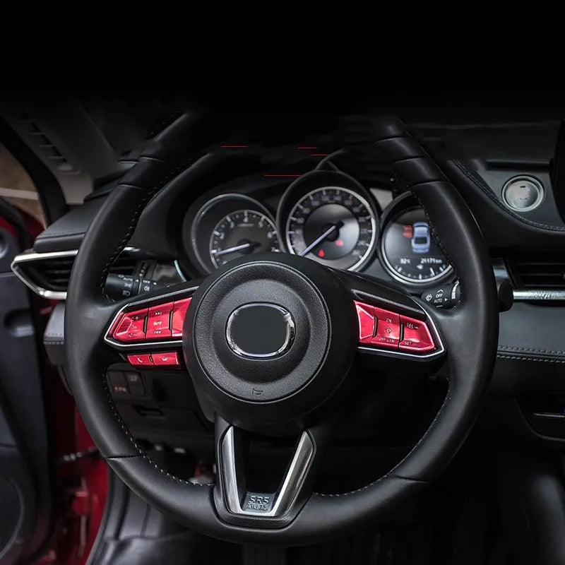 Eight aluminium alloy decorative stickers for car steering wheel in brushed red, silver, and blue finishes