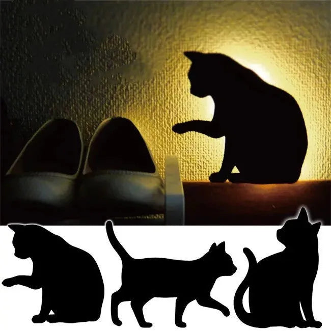 LED cat-shaped night light with sound sensor, warm yellow glow, acrylic shade, wall-mounted in a bedroom