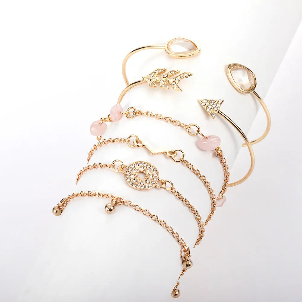 Six-piece women's bracelet set with golden spot drill arrow, water drop and V-shaped charms