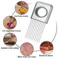 Stainless steel onion holder slicer with ultra-sharp prongs and finger guard for kitchen vegetable cutting