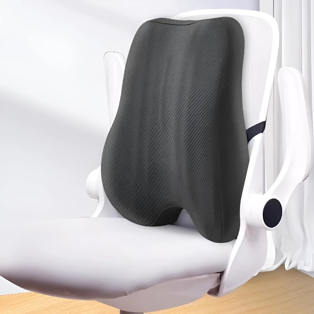 Grey ergonomic lumbar support cushion for an office chair, showing its 40x40x8cm size.