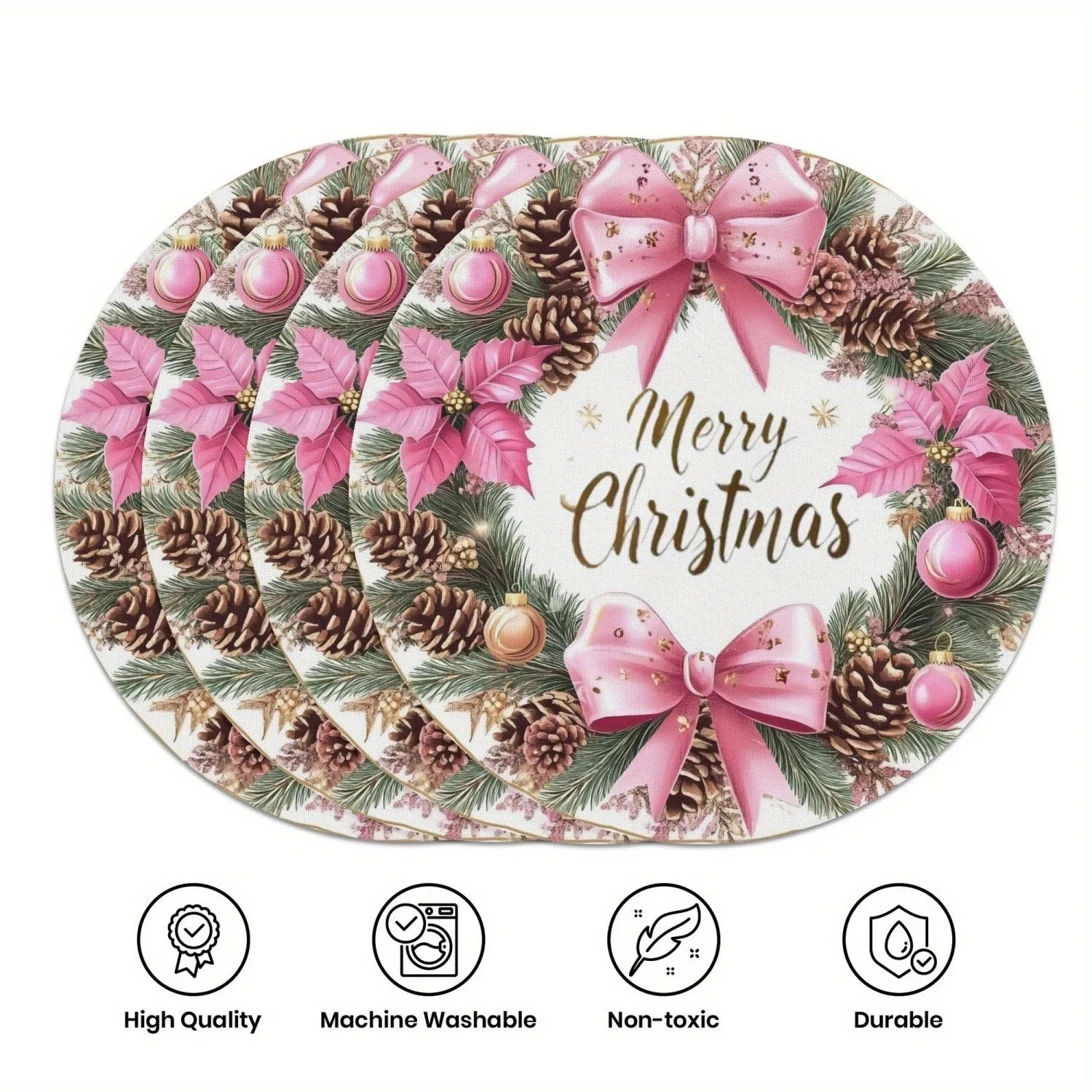 Round Christmas placemat with garland bow, holly, and snowflake pattern on linen fabric, 38cm diameter