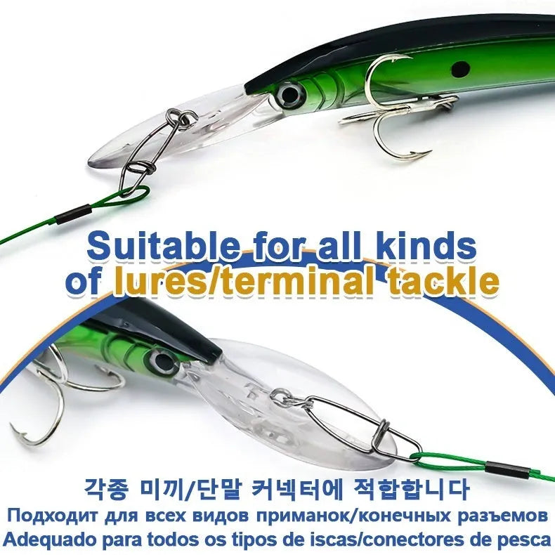 Ten green steel wire double buckle fishing pins laid out, each measuring 54 cm in length.