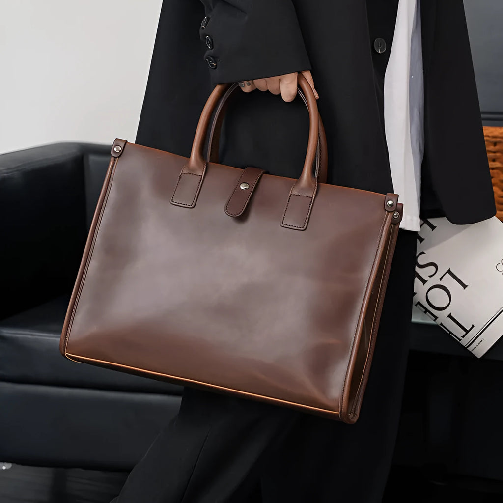 Brown PU leather men's shoulder messenger bag, medium size, with zipper closure and shoulder strap