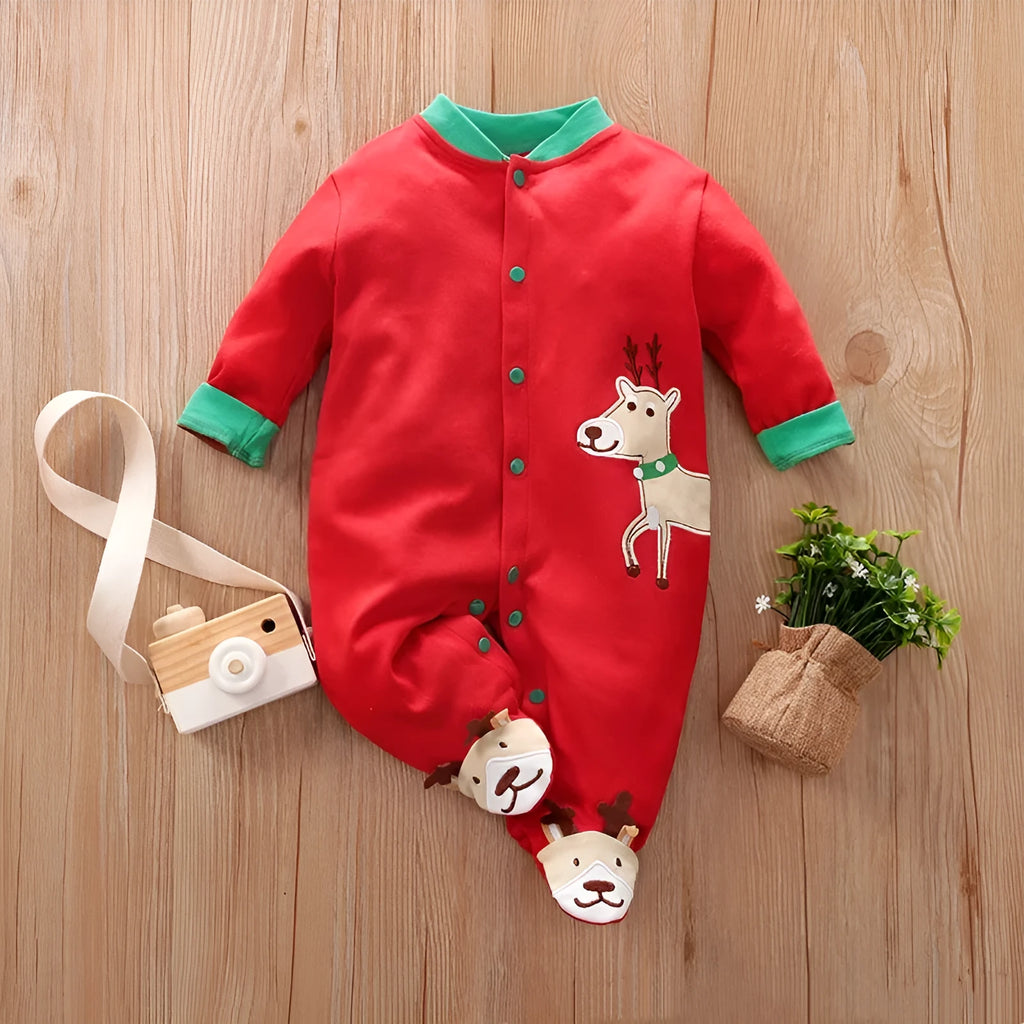 Cotton baby bodysuit with red deer print, short sleeves, sizes 59cm to 80cm, 99.9% cotton.