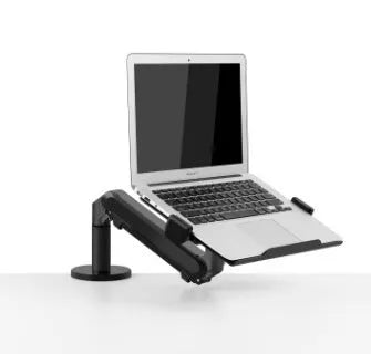 Aluminium laptop stand with adjustable arm bracket in silver colour on desk
