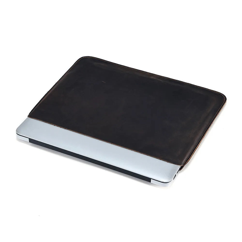Brown genuine leather computer bag with horizontal design for laptops and tablets
