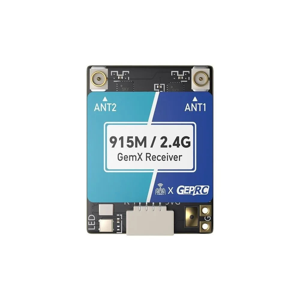 ELRS 915M 2.4G dual-frequency metal receiver base plant with two T-shaped antennas and silicone connecting wire.