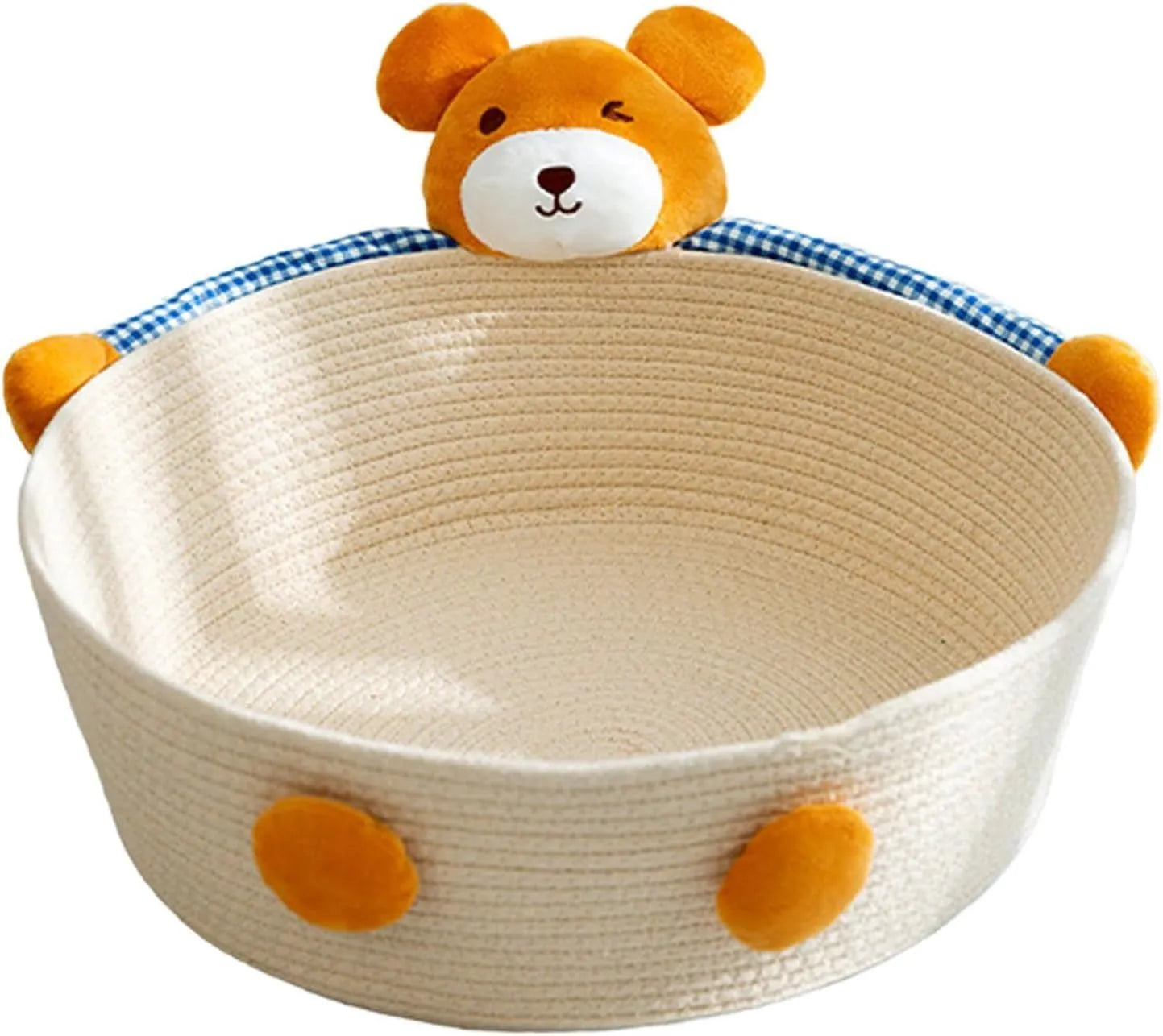 Woven cotton rope cat bed basket with scratching pad in Bear or Rabbit design