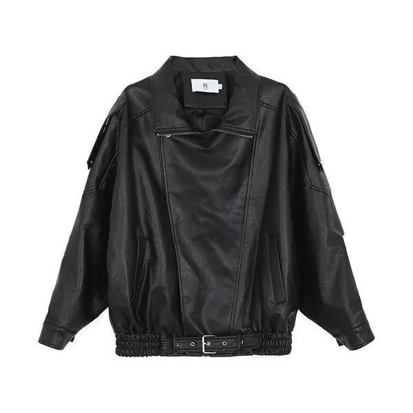 Women's loose retro faux leather biker jacket with splicing detail in brown or black