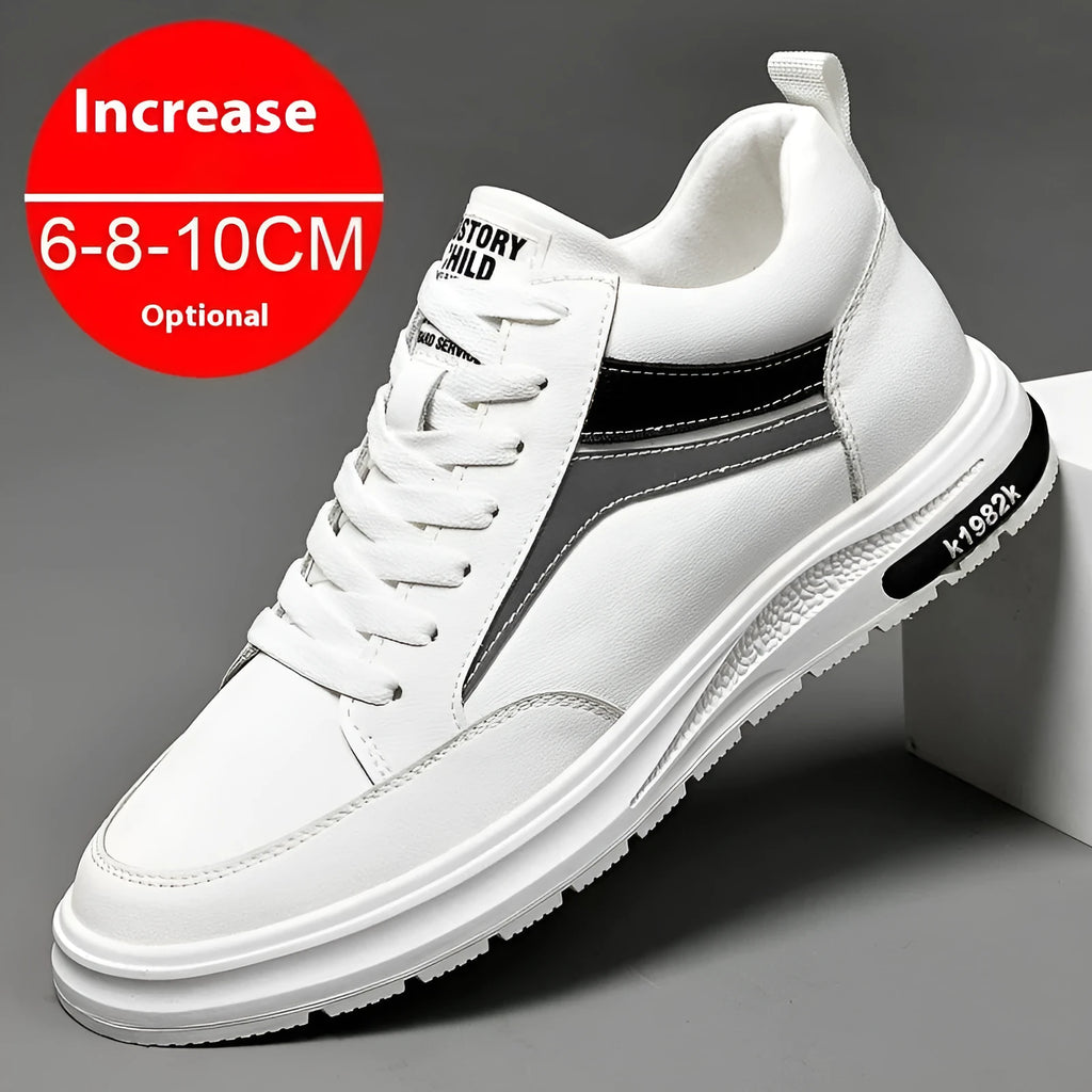 Men's black and white low-top lace-up casual sneakers with hidden height increase insoles on a rubber sole.