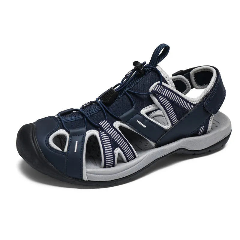 Men's blue and black casual sports shoes with Velcro strap and mesh upper on a rubber sole.