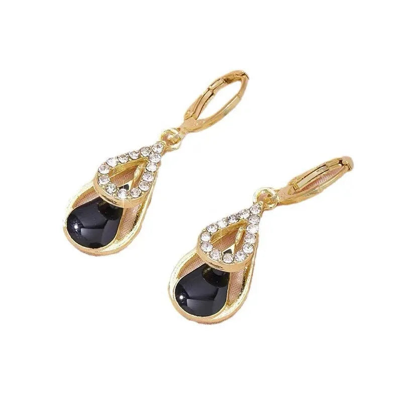 Black diamond-inlaid drop earrings with hollow double-layer alloy droplet design for women