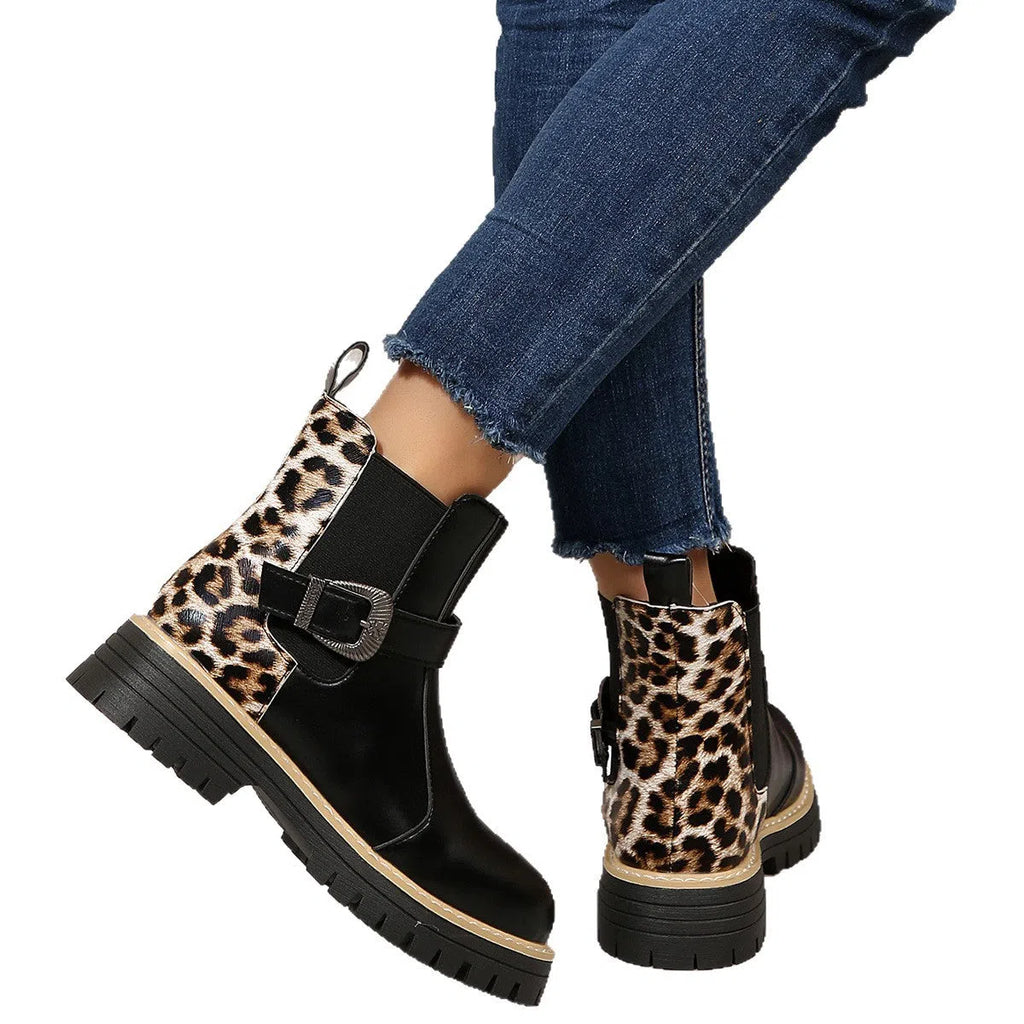 Plus-size women's black leopard print ankle boots with metal buckle, round toe, and mid-heel