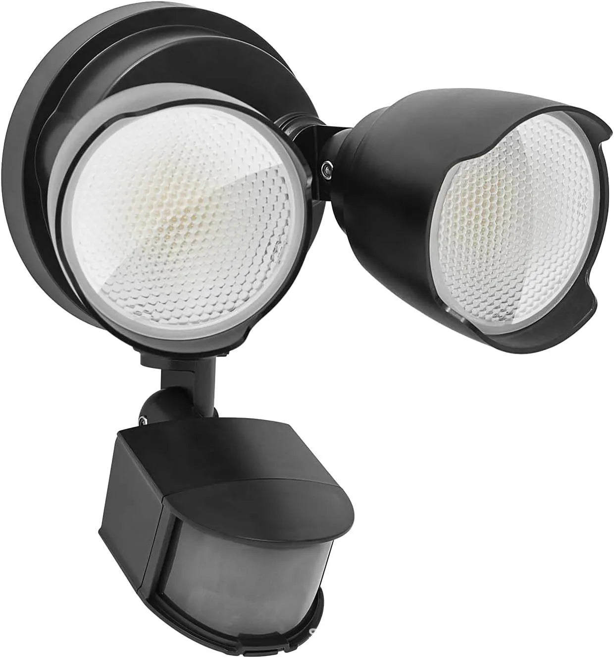 White 120V LED security floodlight with PIR sensor, dimensions 200x195x168mm, for wall or ceiling mounting.