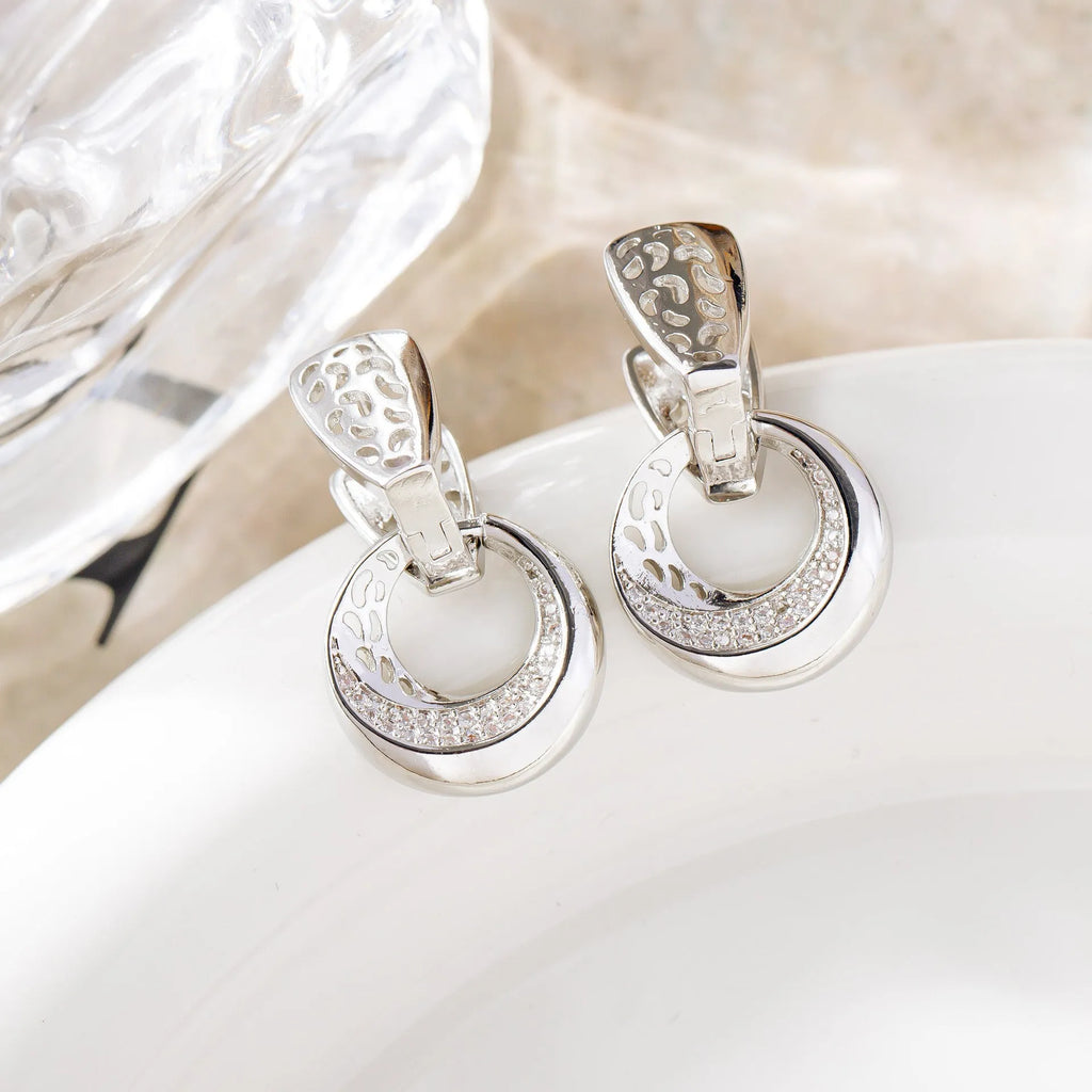 Hollow round moon drop earrings with natural zircon inlay, gold and silver copper finish for women