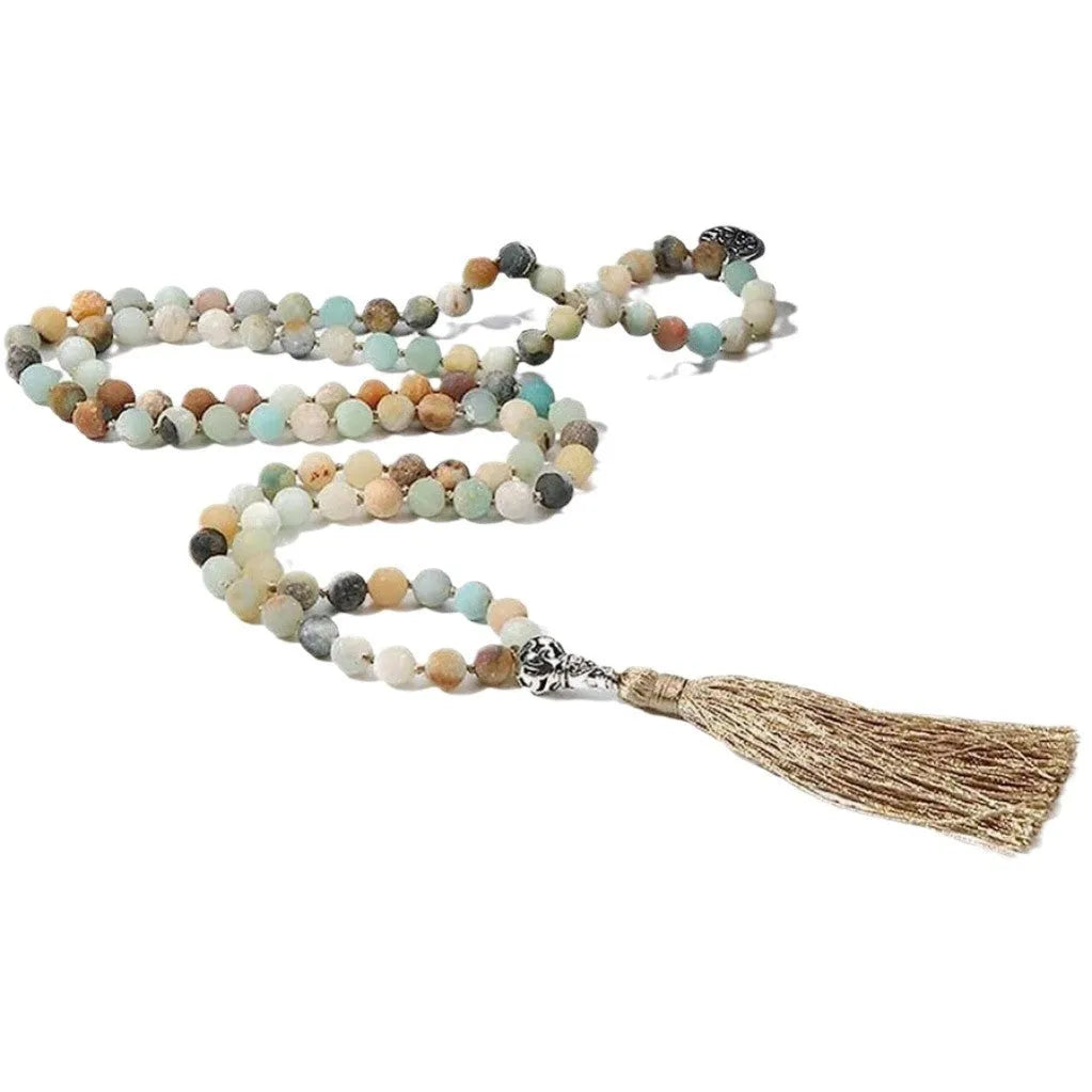 Handmade knotted stone bead necklace with 108 8mm beads in natural colours
