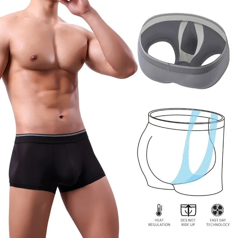 Men's U convex anti-moving ice silk boxer in solid colour for scrotal support and sports wear