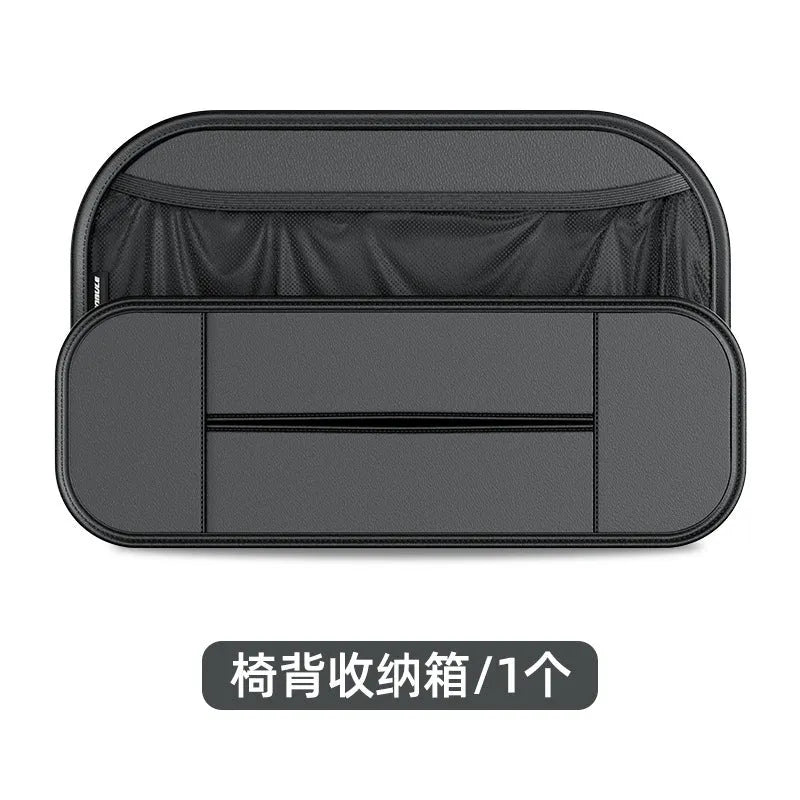 Black leather car seat rear storage bag showing compartments and dimensions