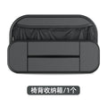 Black leather car seat rear storage bag showing compartments and dimensions