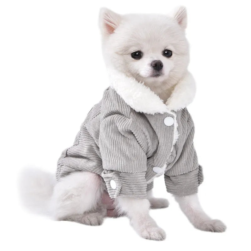 Grey fleece-lined lambswool vest for a dog, showing wool lining and padded design.