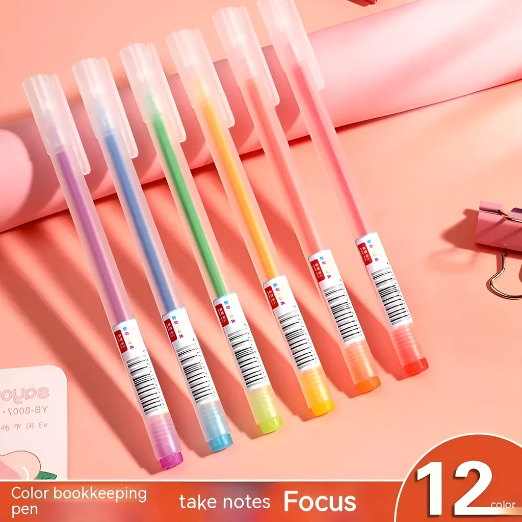 Boxed set of twelve coloured gel pens with 0.5 mm fine tips on a white background