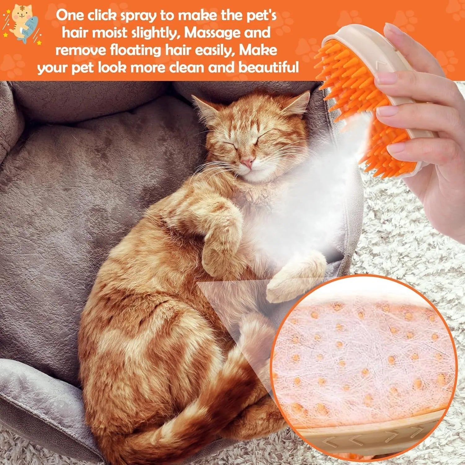 Yellow cat steam brush with silicone bristles, water tank, and ringworm detector lamp for pet grooming