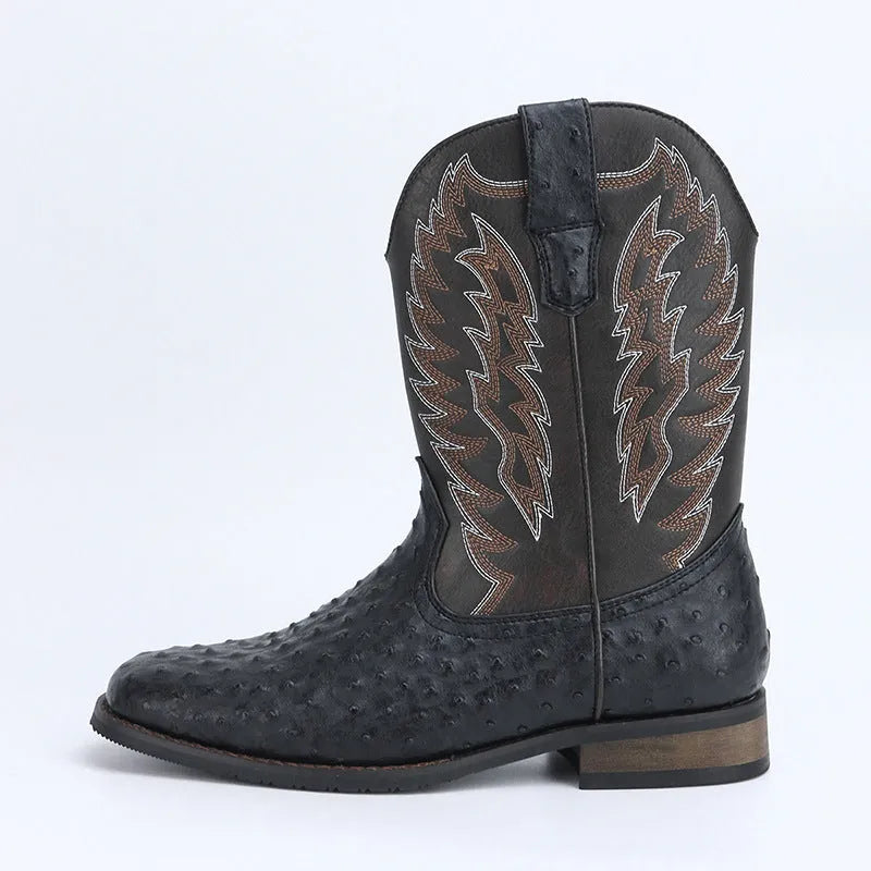 Men's Western denim square toe motorcycle boots in retro style with low wedge heel and artificial leather upper