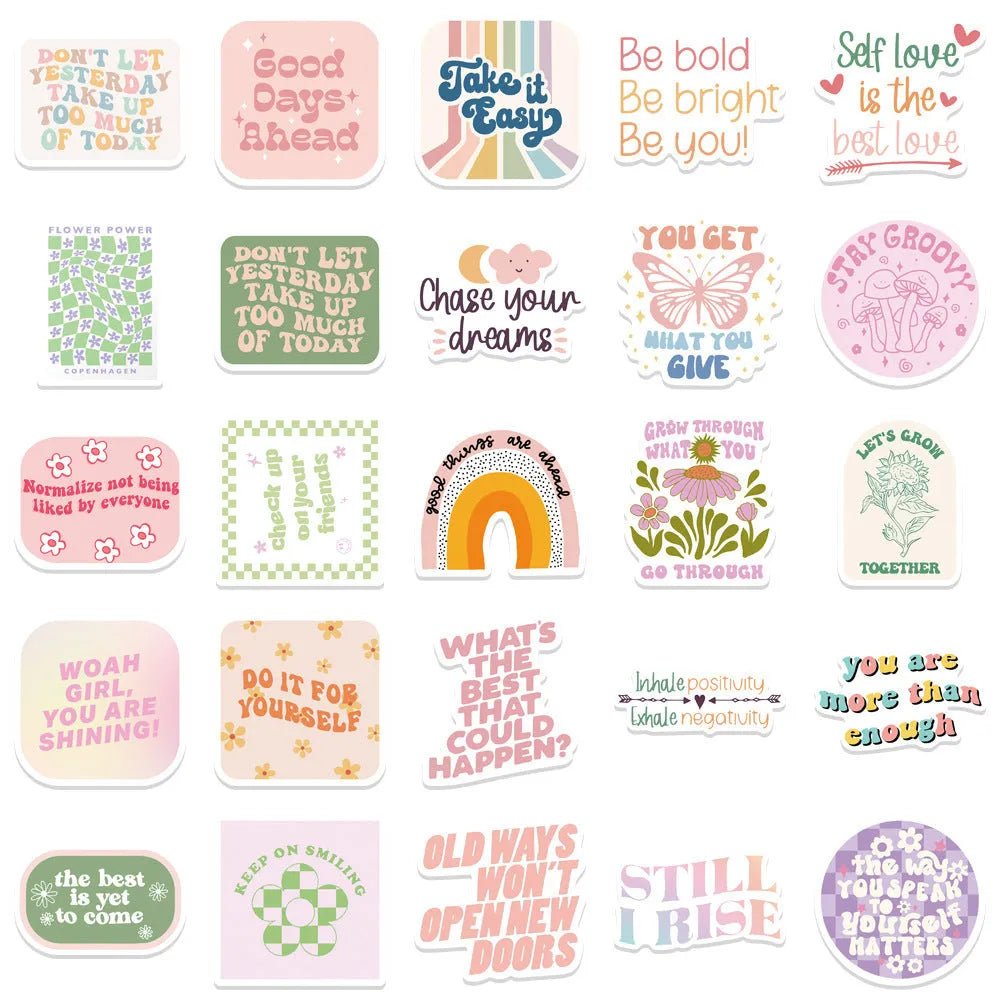 Danish pink motivational statement stickers with graffiti cartoon designs sized 4-6cm