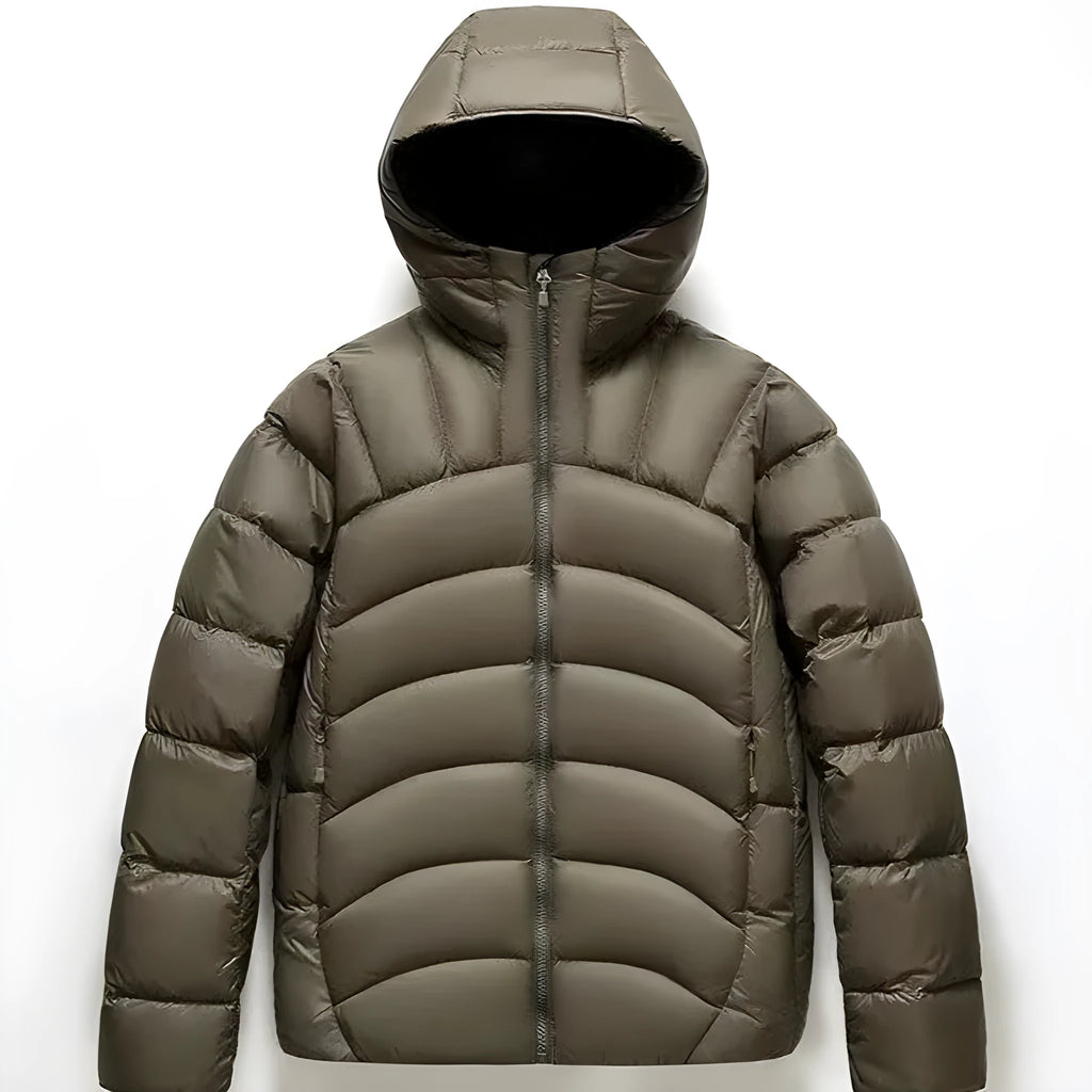 Unisex hooded down jacket in black, solid colour winter coat with ribbed cuffs and high down filling