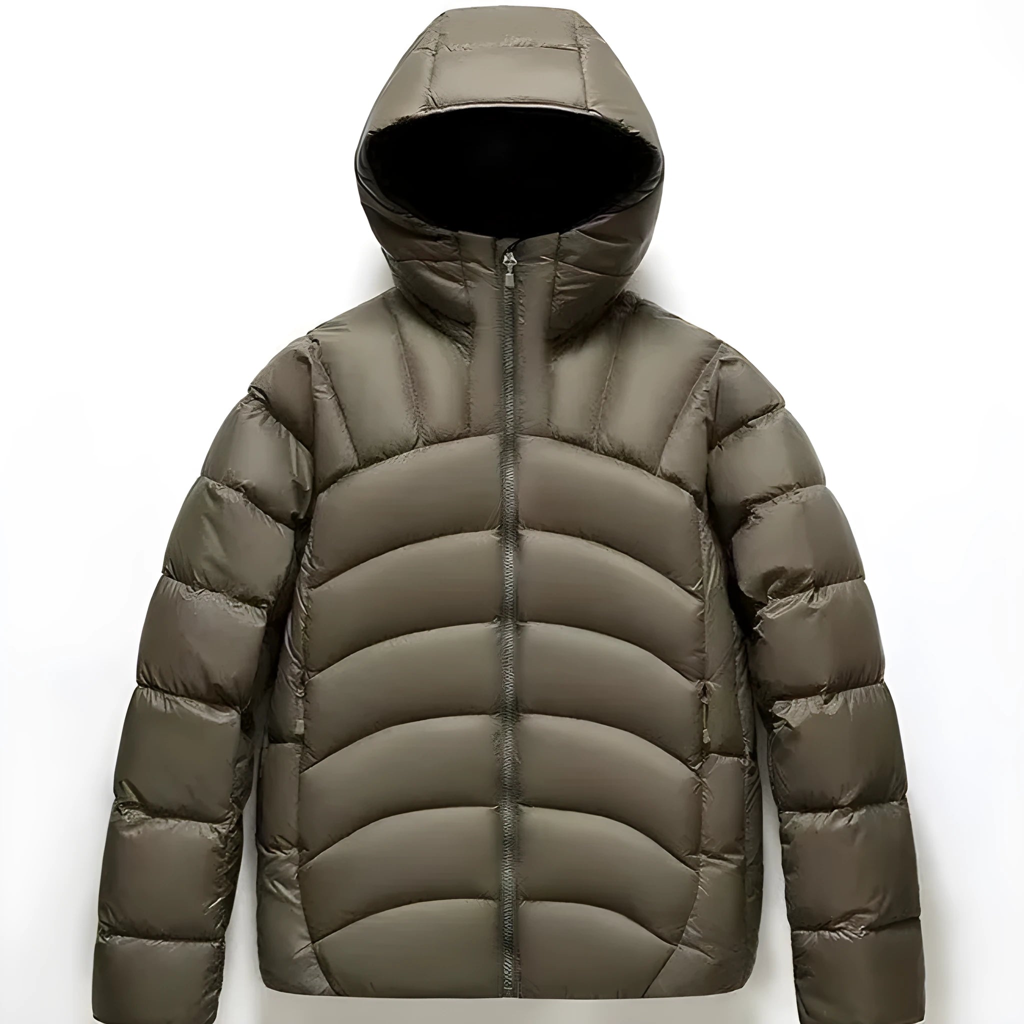Unisex hooded down jacket in black, solid colour winter coat with ribbed cuffs and high down filling