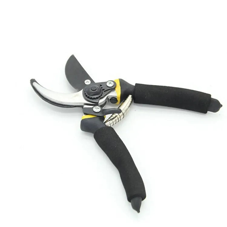 Yellow Teflon-coated 50# steel pruning shears with PVC elbow handle on white background