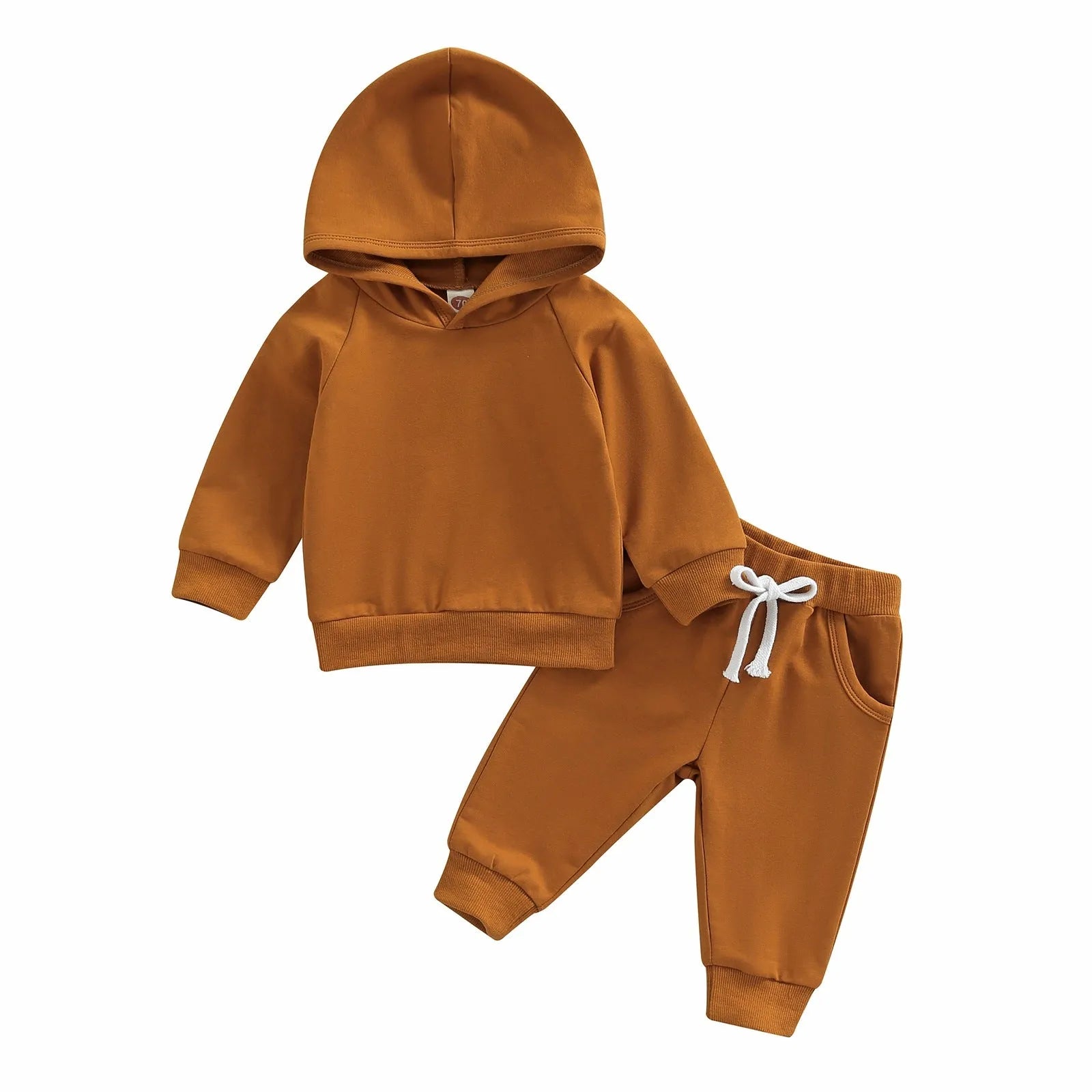 Boys solid colour cotton hooded sweater and trousers suit for autumn winter in apricot