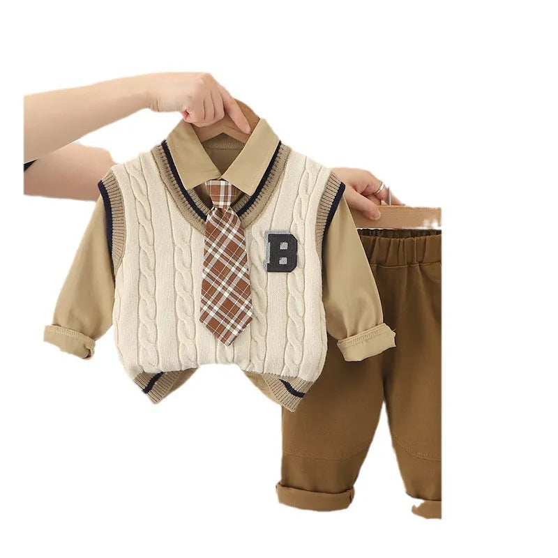 Boys cotton three-piece suit set with letter print blouse, trousers, and B-shaped sweater vest in beige