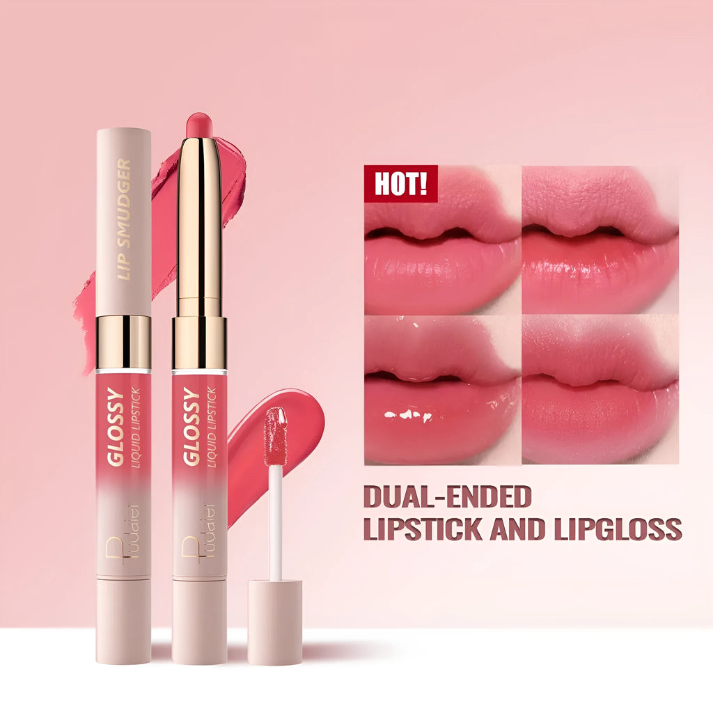 Double-headed lipstick showing matte lipstick on one end and lip gloss on the other in silver casing