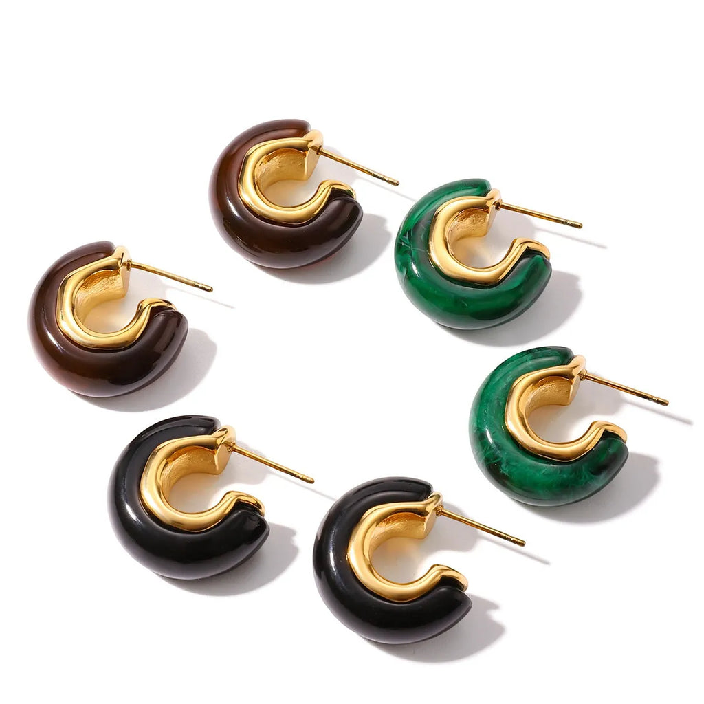 Stainless steel geometric ring stud earrings for women, electroplated, one pair, black brown green options