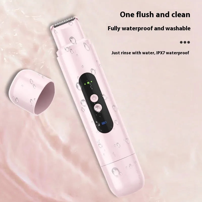 Portable white electric body hair trimmer with floating blades and USB charging cable