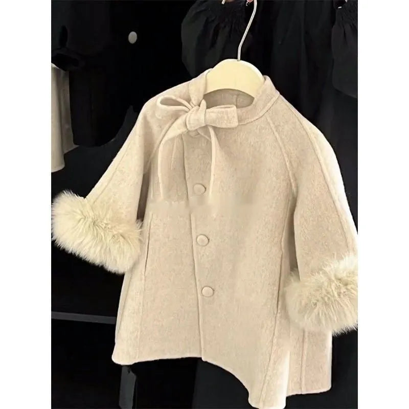 Beige baby girl coat autumn winter polyester single-breasted mid-length long sleeves suitable height 100-150cm no hood