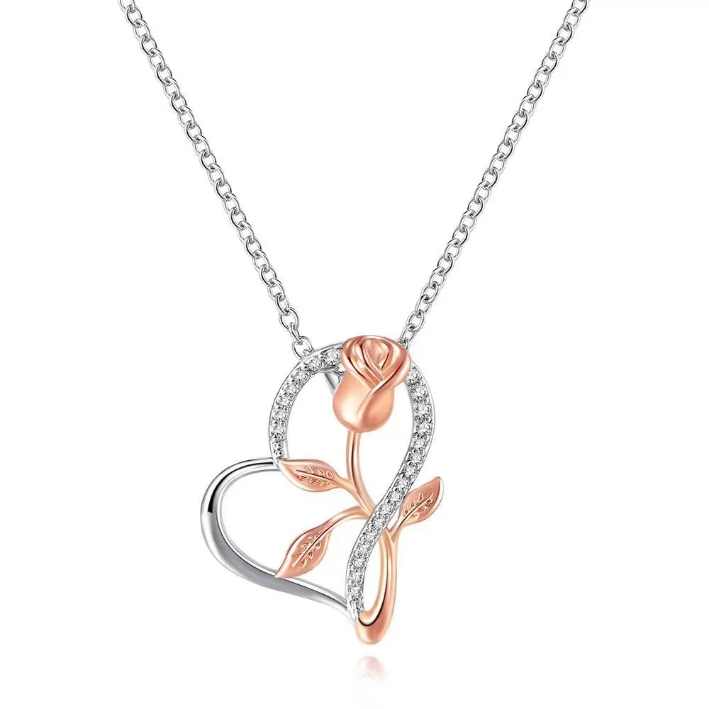 925 silver heart-shaped rose pendant necklace with electroplated finish on cross chain, unisex style