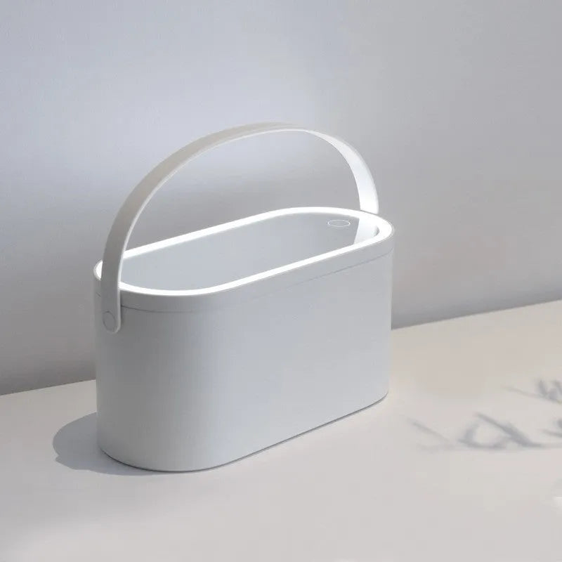 Portable LED light storage box makeup mirror in pink with aluminium lens