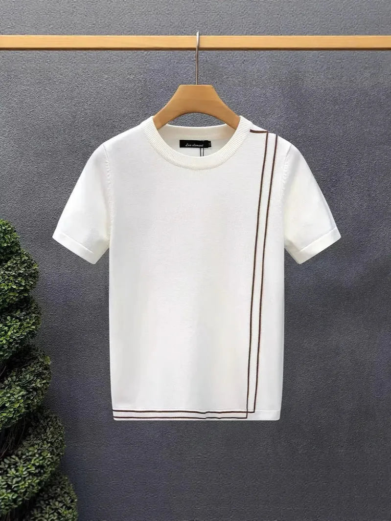 Striped knitted ice silk short sleeve men's slim fit T-shirt in black, drop shoulder design, summer retro style